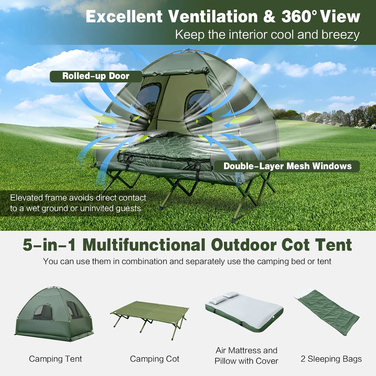 2-Person Pop-Up Tent Camping Cot with Air Mattress and Sleeping Bag A968805