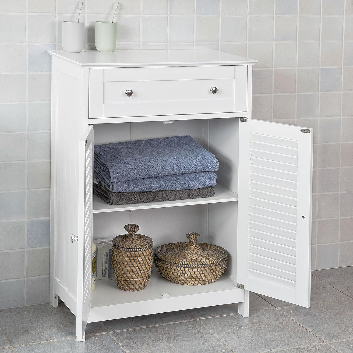 White Bathroom Storage Cabinet with Drawer and Adjustable Shelf D4181