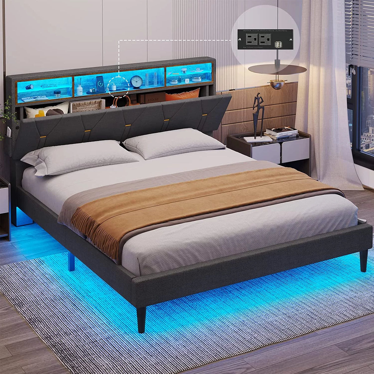 Queen Size Dark Grey Upholstered Platform Bed Frame F4646