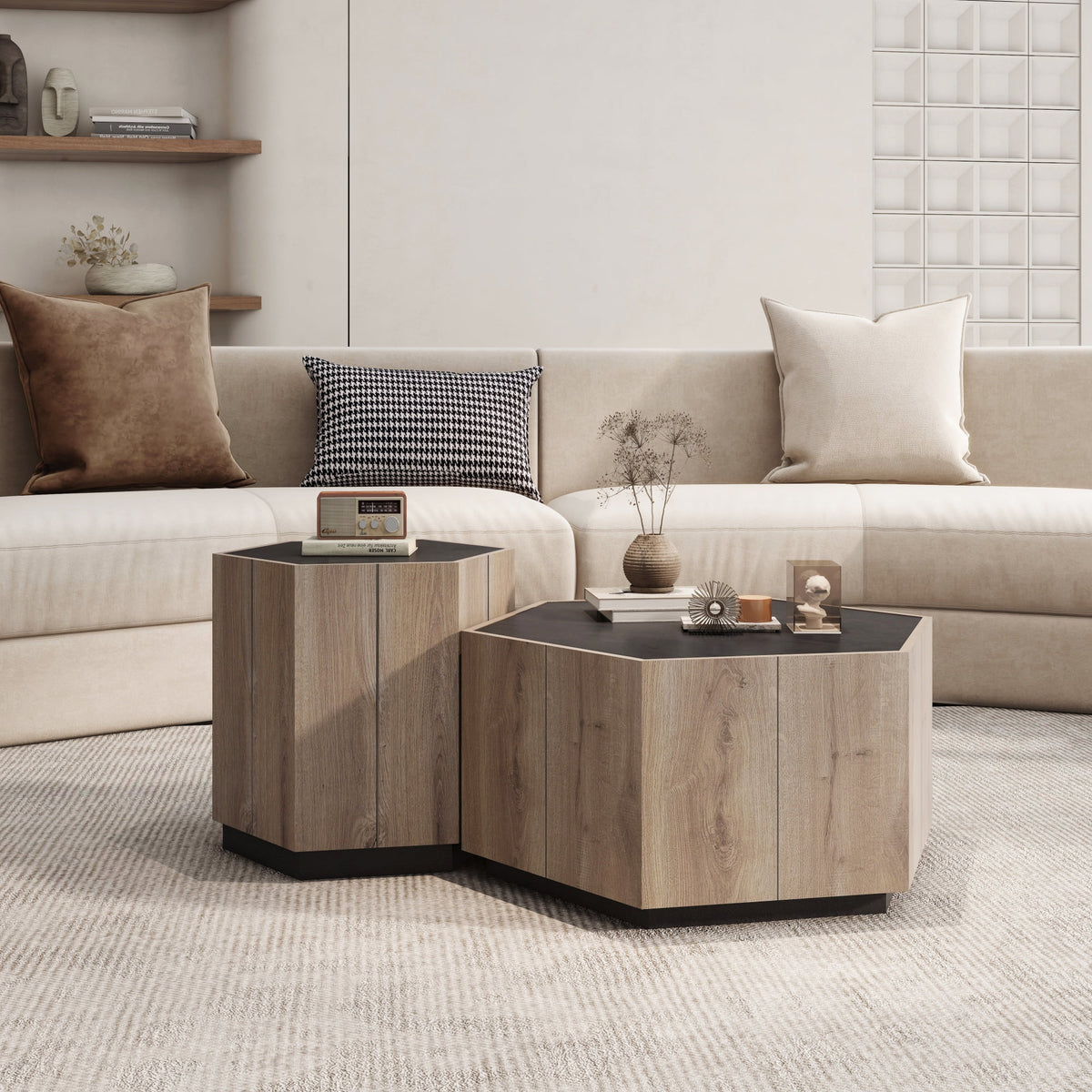 Textured Black Warm Oak Corner Table with Drawer H416