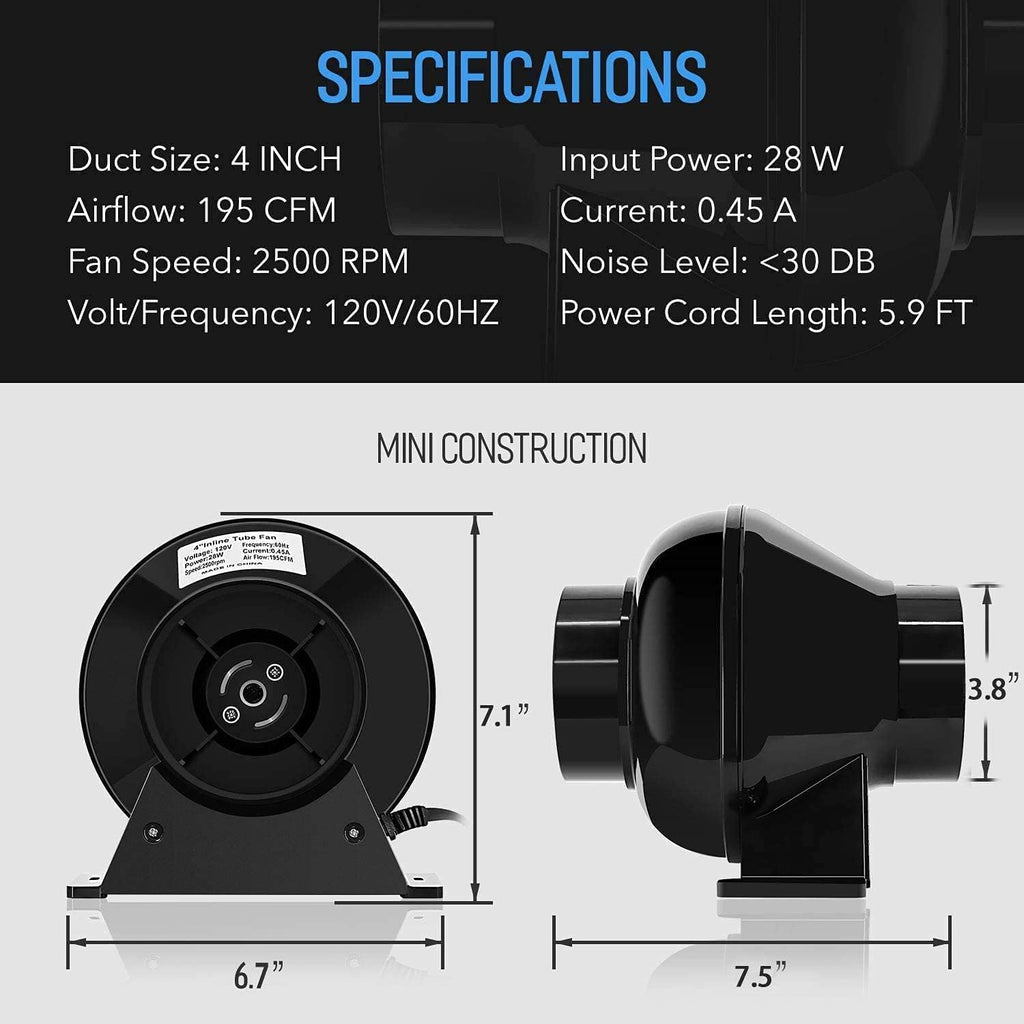4 Inch 195 CFM Inline Fan Carbon Filter Ducting Combo Y573946