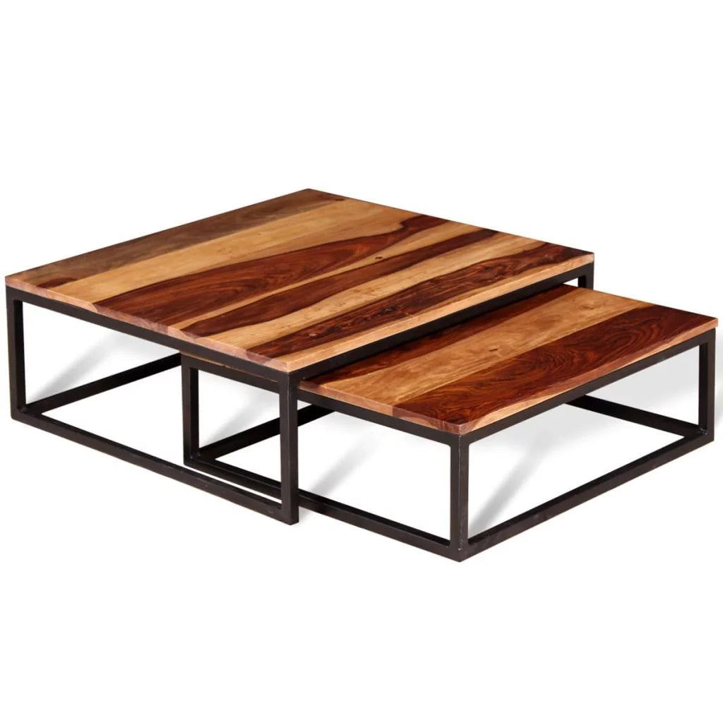 2 Piece Stackable Sheesham Wood Iron Frame Nesting Table Set X911