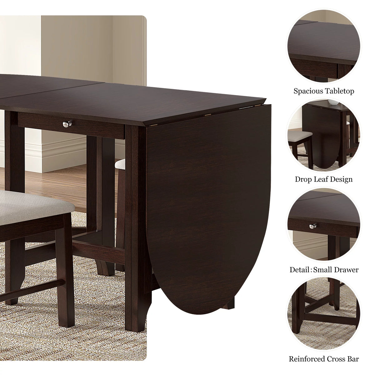 Drop-Leaf Rubberwood Dining Table with Drawer Dark Cappuccino X478
