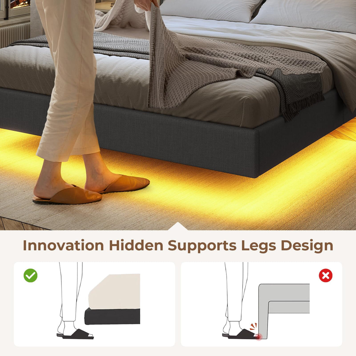 King Size Upholstered Platform Bed Frame with Storage Headboard and LED Lights S294