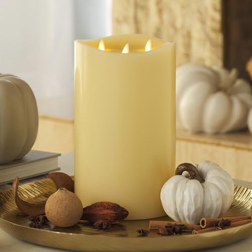 Tri-Flame Grand Flameless Candle 5.8" x 5.7" Moving Flame LED Candle Melted Top Unscented Real Wax Ivory J707103