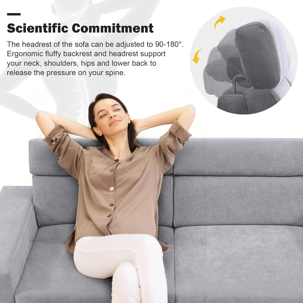 Light Grey Velvet Upholstered Sofa with Adjustable Headrests N933794