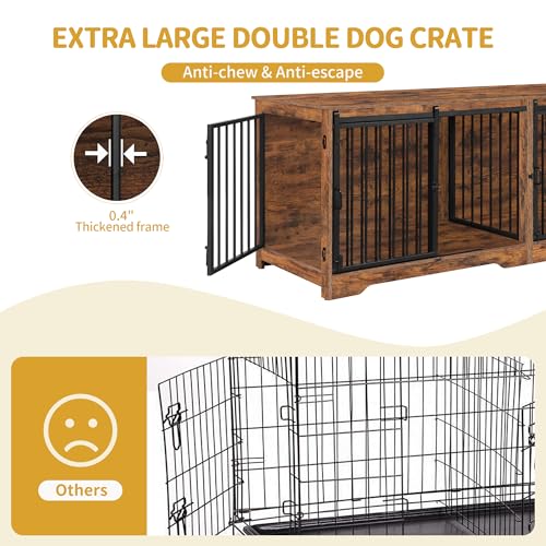 78 Inch Extra Large Double Dog Crate Furniture with Divider, Rustic Brown X381