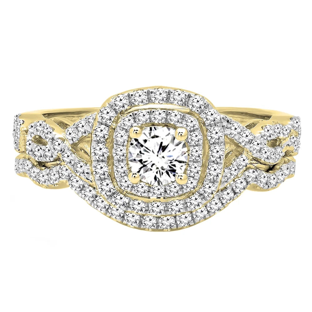 14K Yellow Gold Diamond Halo Engagement Ring Set J23021
