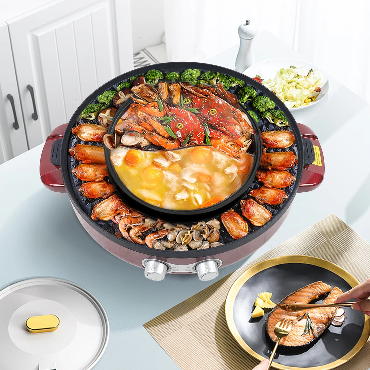 2 in 1 Smokeless BBQ Grill & Shabu Shabu Hot Pot, 2200W Electric Grill Soup Pot U29027