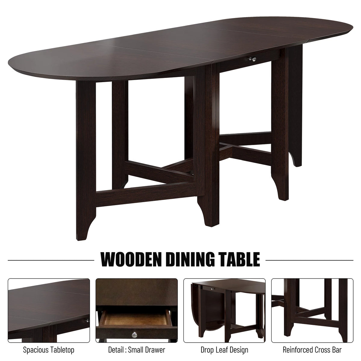 Drop-Leaf Rubberwood Dining Table with Drawer Dark Cappuccino X478