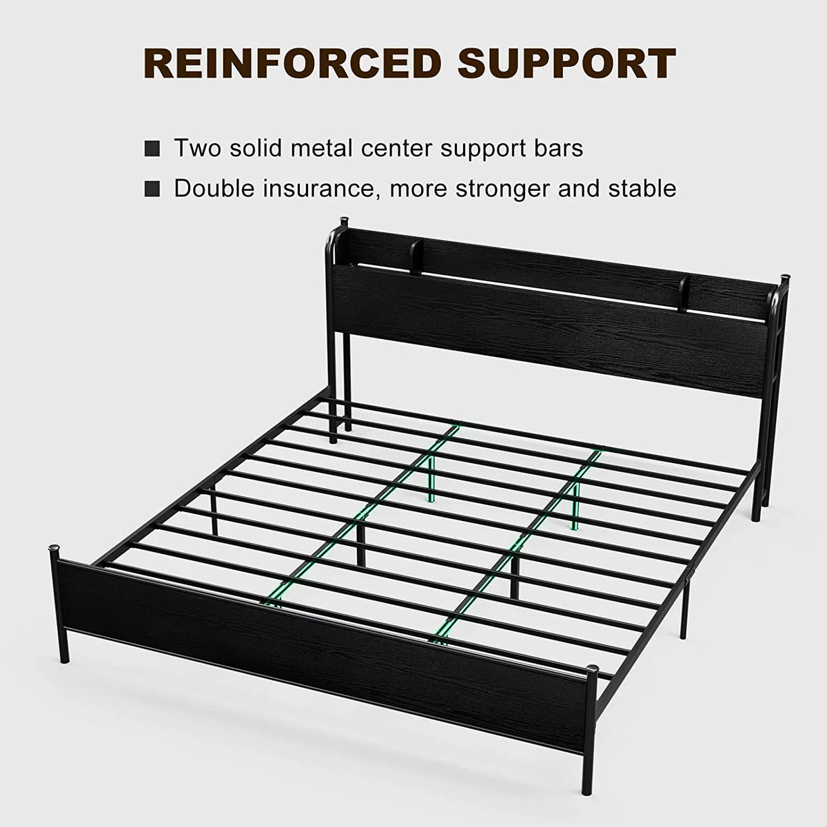 California King Metal and Wood Platform Bed Frame with Storage Shelf Headboard and Charging Station T46836