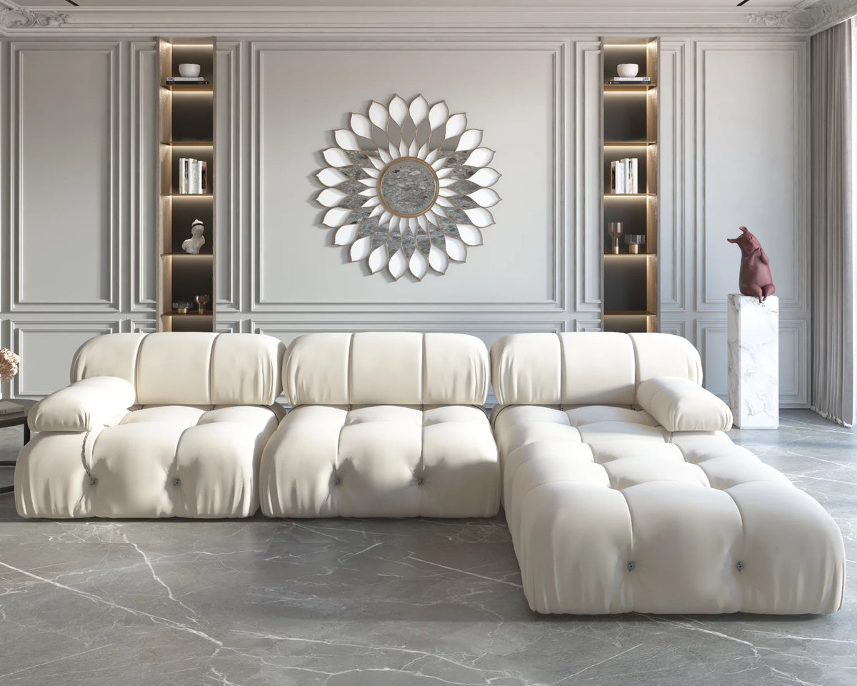 L-Shaped Velvet 3-Seat Sofa with Ottoman S2599