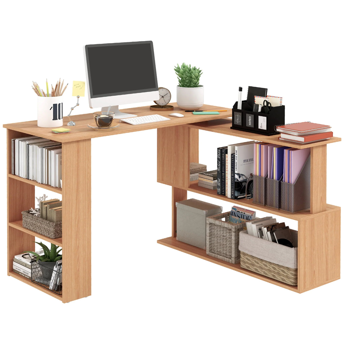 L Shaped Rotating Corner Desk with Bookshelves M6016