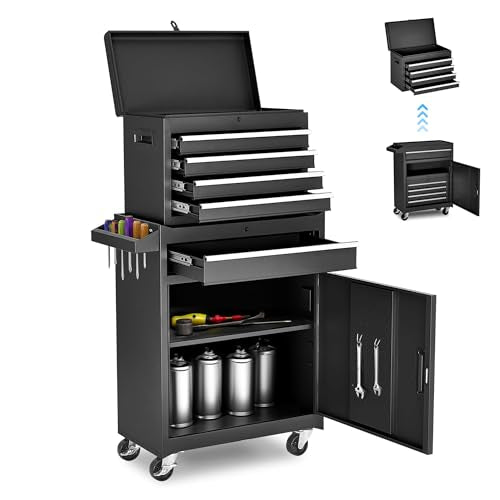 Black Steel 5 Drawer Rolling Tool Chest with Detachable Top F19636