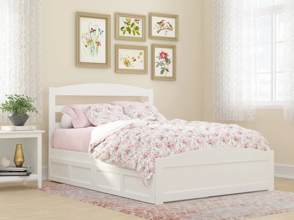 White Full Wood Platform Bed with Headboard and 2 Storage Drawers I52924