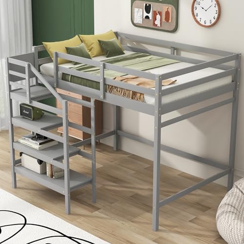 Full Size Gray Wooden Loft Bed with Staircase and Storage Wardrobe I628