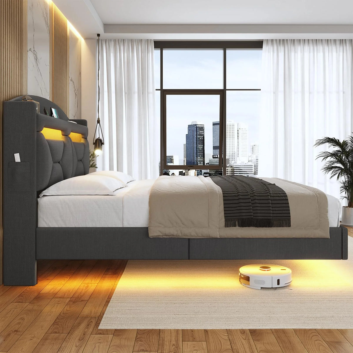 King Size Upholstered Platform Bed Frame with Storage Headboard and LED Lights S294