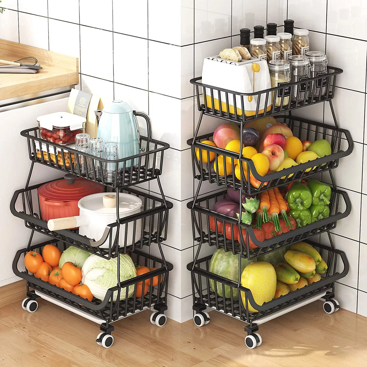 Black Metal Wire 4 Tier Fruit Vegetable Storage Basket with Wheels L791743