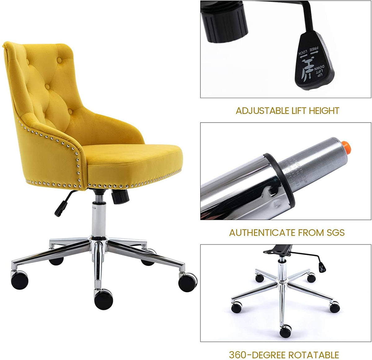 Yellow Tufted Velvet Desk Chair with Arms M6831