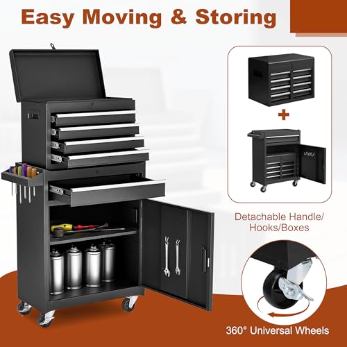 Black Steel 5 Drawer Rolling Tool Chest with Detachable Top F19636