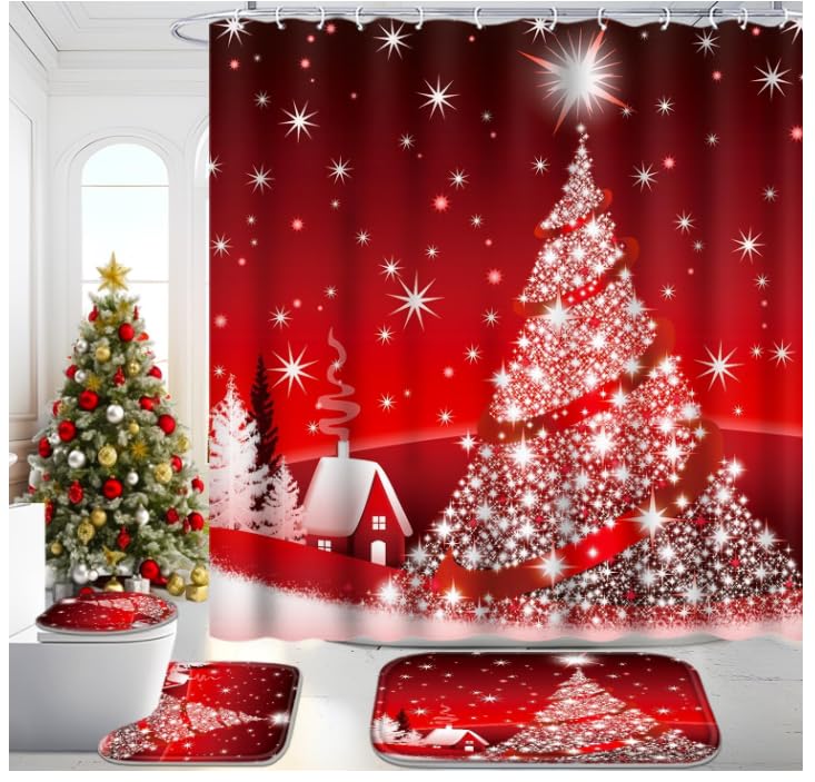 Christmas Bathroom Set with Shower Curtain, Rugs, 12 Hooks G915