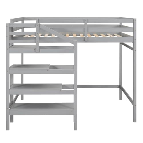 Full Size Gray Wooden Loft Bed with Staircase and Storage Wardrobe I628