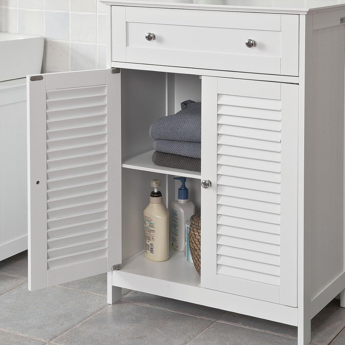White Bathroom Storage Cabinet with Drawer and Adjustable Shelf D4181