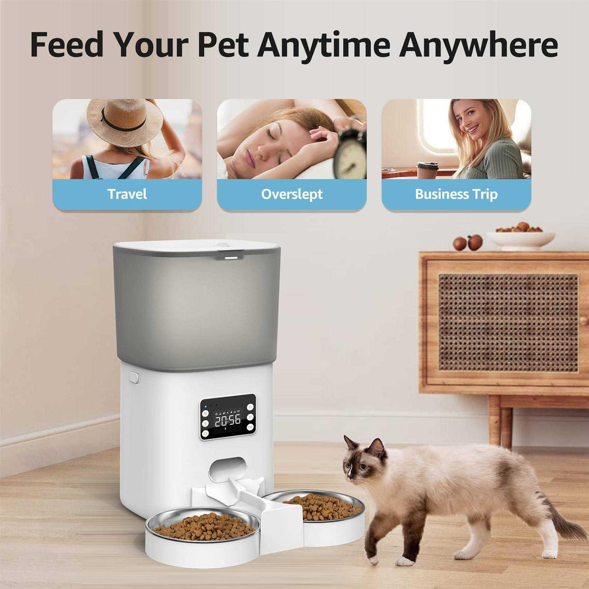 Automatic Food Dispenser with Splitter & Stainless Bowls Cat & Dog Feeder M43446
