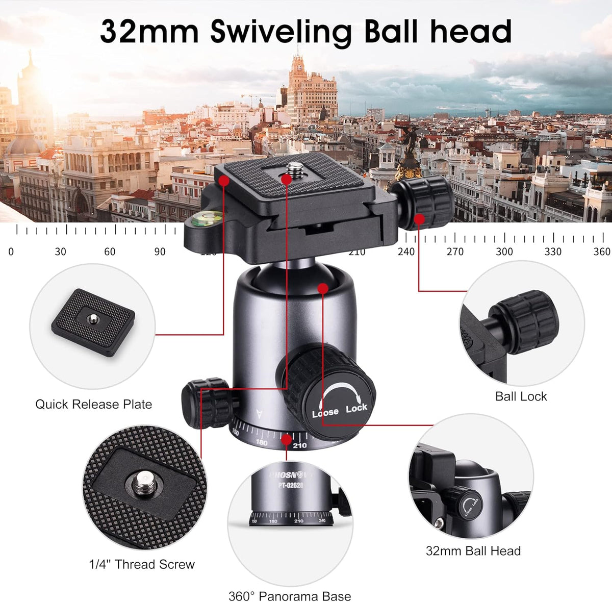 Compact Aluminum Camera Tripod 62 with 360 Degree Ball Head F4010