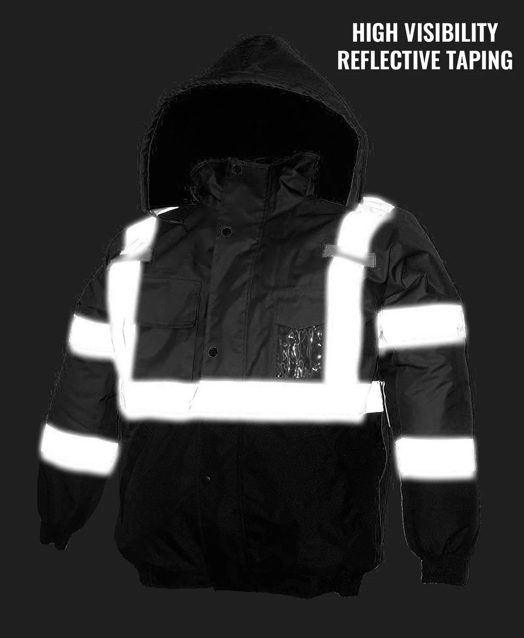 Black Safety Bomber Jacket with Detachable Hood P8694