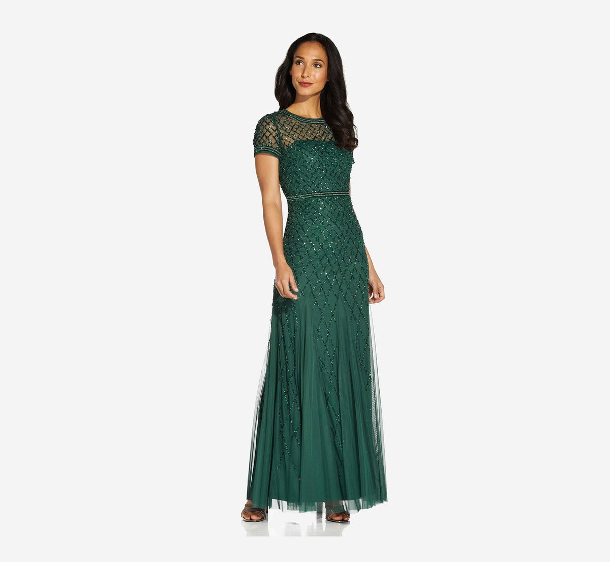 Cap Sleeve Beaded Gown, Dusty Emerald, Size 10 C3299