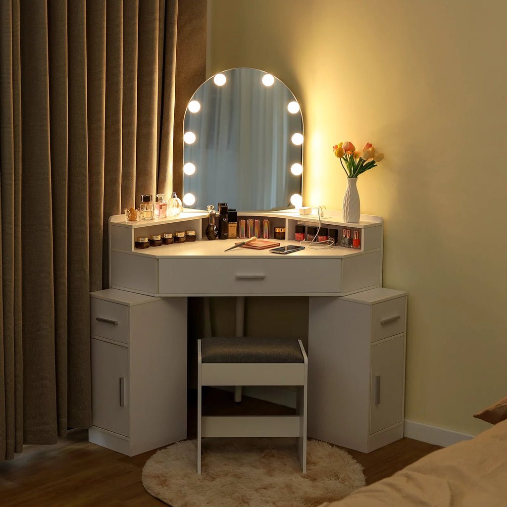 White Corner Vanity Set with Mirror and Stool T78247