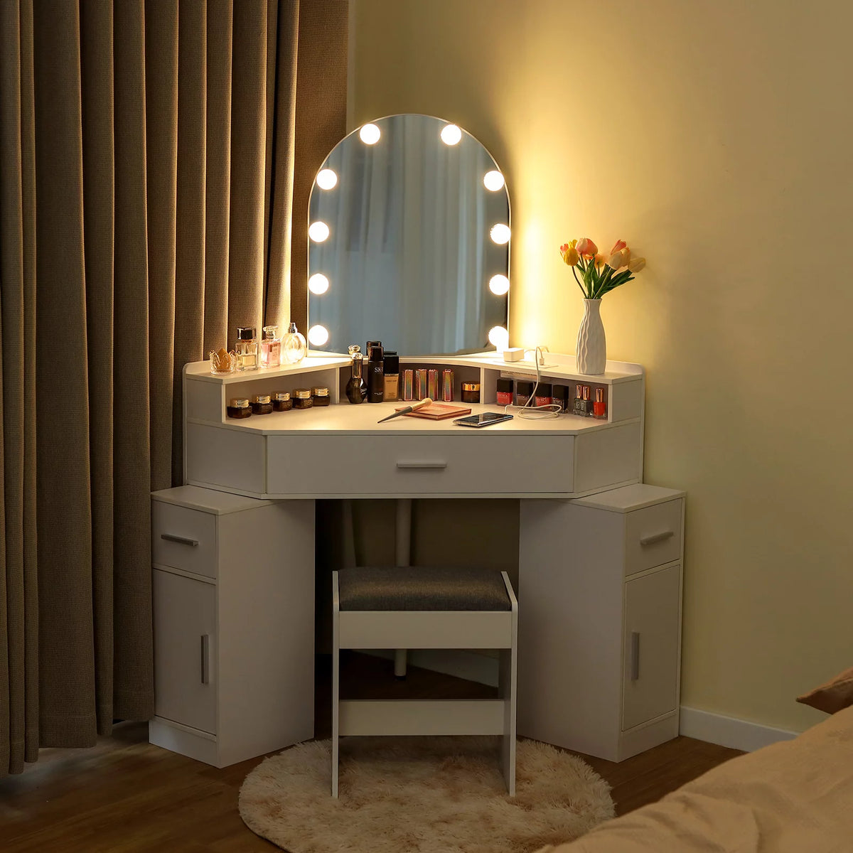 White Corner Vanity Set with Mirror and Stool T78247