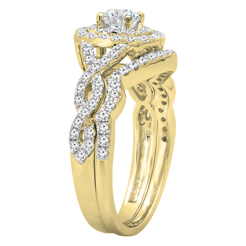 14K Yellow Gold Diamond Halo Engagement Ring Set J23021