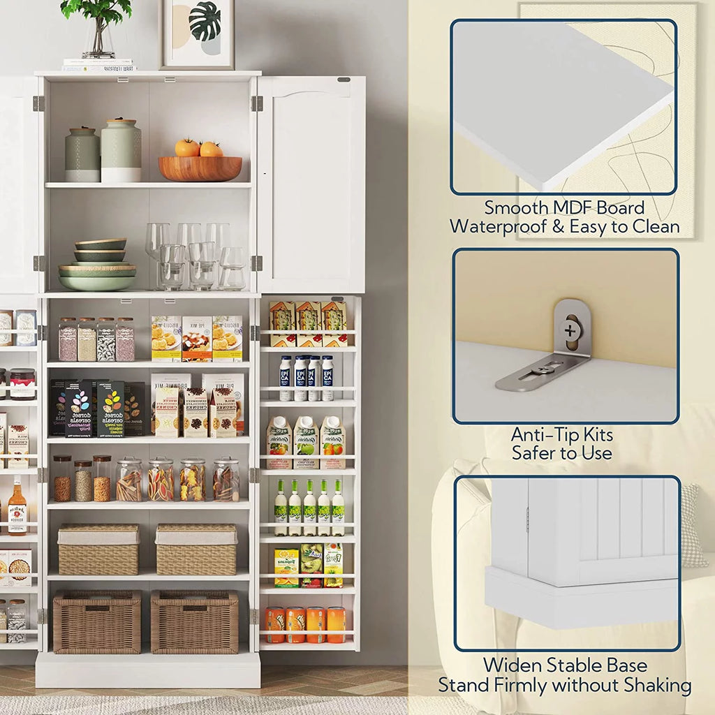 White Tall Kitchen Pantry Storage Cabinet with Doors and Shelves R793