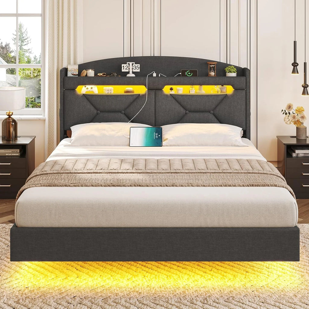 King Size Upholstered Platform Bed Frame with Storage Headboard and LED Lights S294