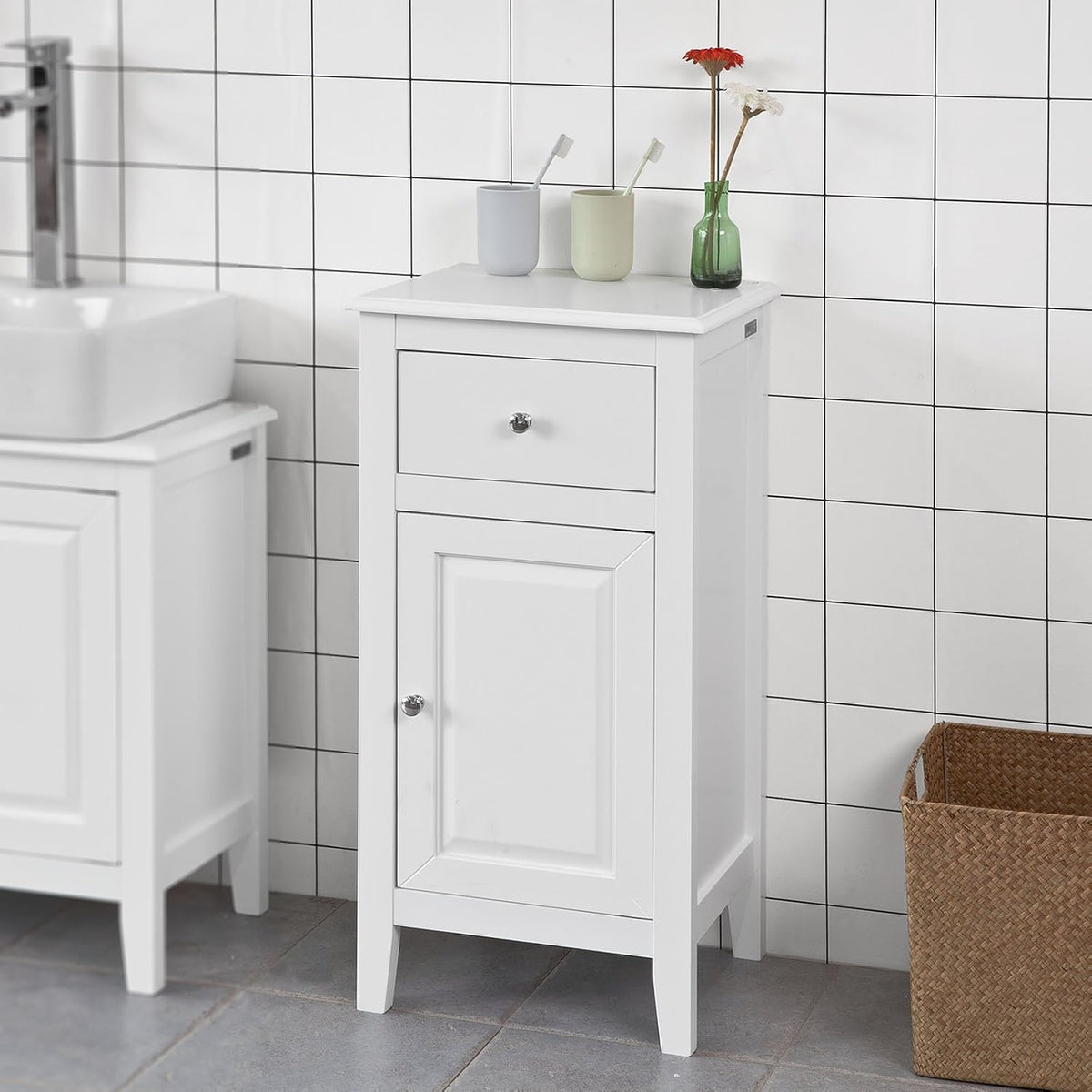 White Bathroom Storage Cabinet with Drawer and Adjustable Shelf D4181