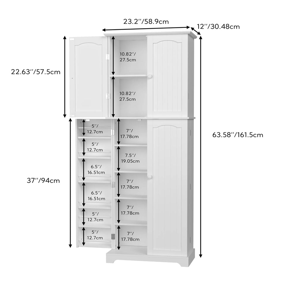 White Tall Kitchen Pantry Storage Cabinet with Doors and Shelves R793