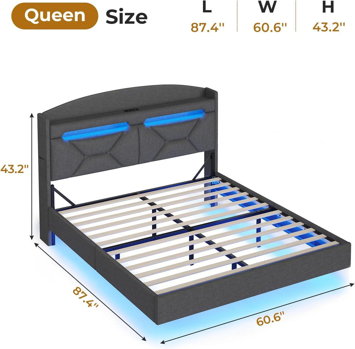 King Size Upholstered Platform Bed Frame with Storage Headboard and LED Lights S294
