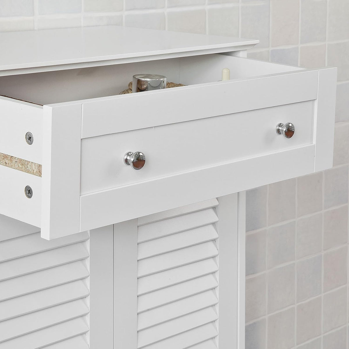 White Bathroom Storage Cabinet with Drawer and Adjustable Shelf D4181