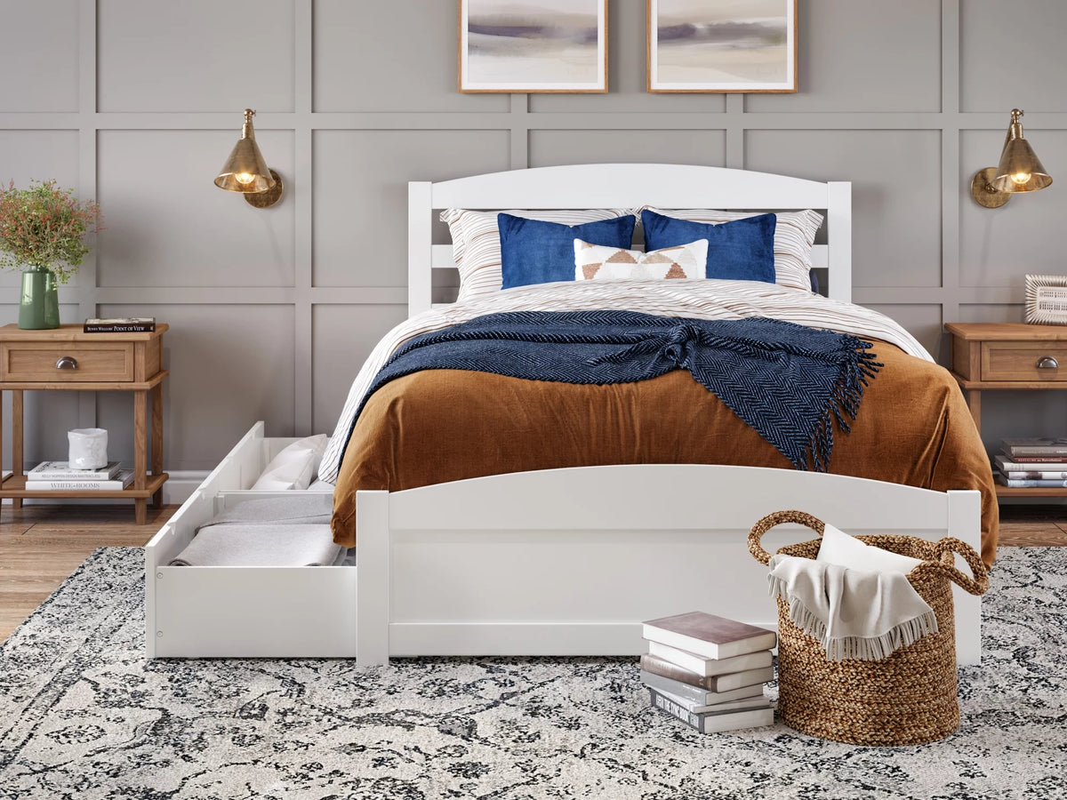 White Full Wood Platform Bed with Headboard and 2 Storage Drawers I52924