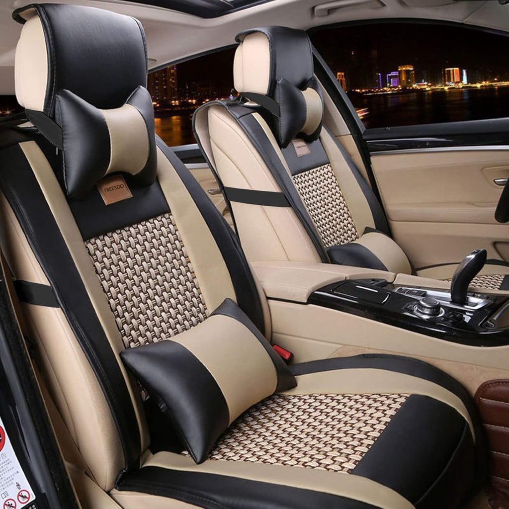 Black White Leather Car Seat Cover Full Set for 5 Seats G926681