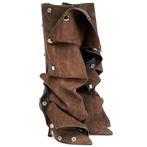 Black Knee High Stiletto Pointed Toe High Heels Wide Calf Ruched Slouchy Boots E739
