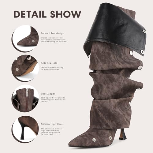 Black Knee High Stiletto Pointed Toe High Heels Wide Calf Ruched Slouchy Boots E739
