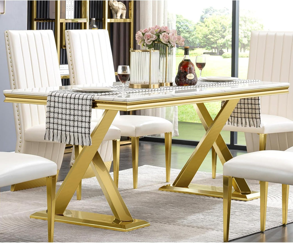 White and Gold 72" Dining Table with Double X-Base J602