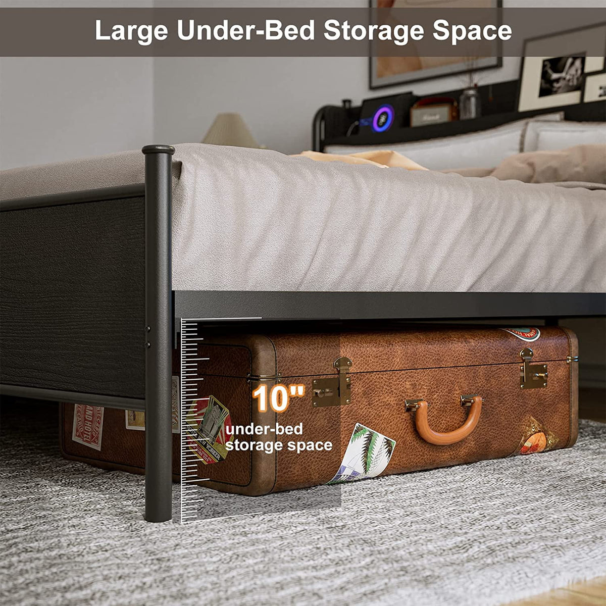 California King Metal and Wood Platform Bed Frame with Storage Shelf Headboard and Charging Station T46836
