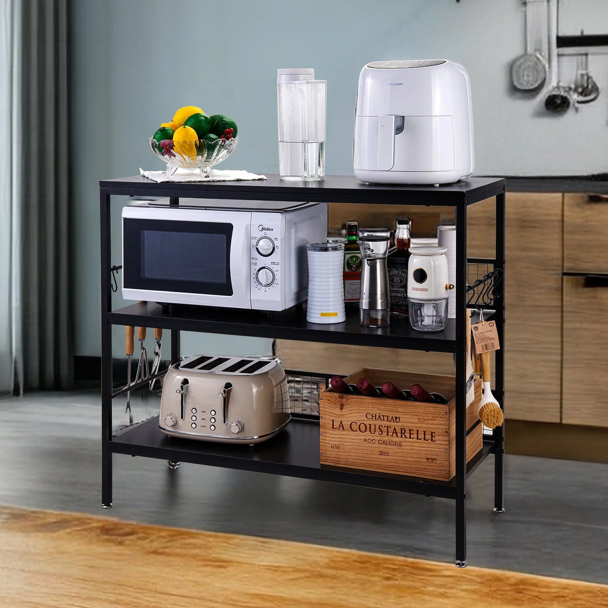 Rolling Kitchen Storage Cart with 3-Tier Shelves and 10 Hooks D920