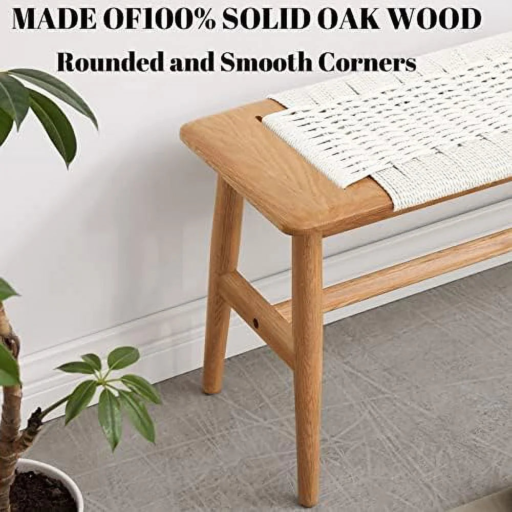 Wood Dining Bench Solid Oak with Rattan Design 31.49 inch S609