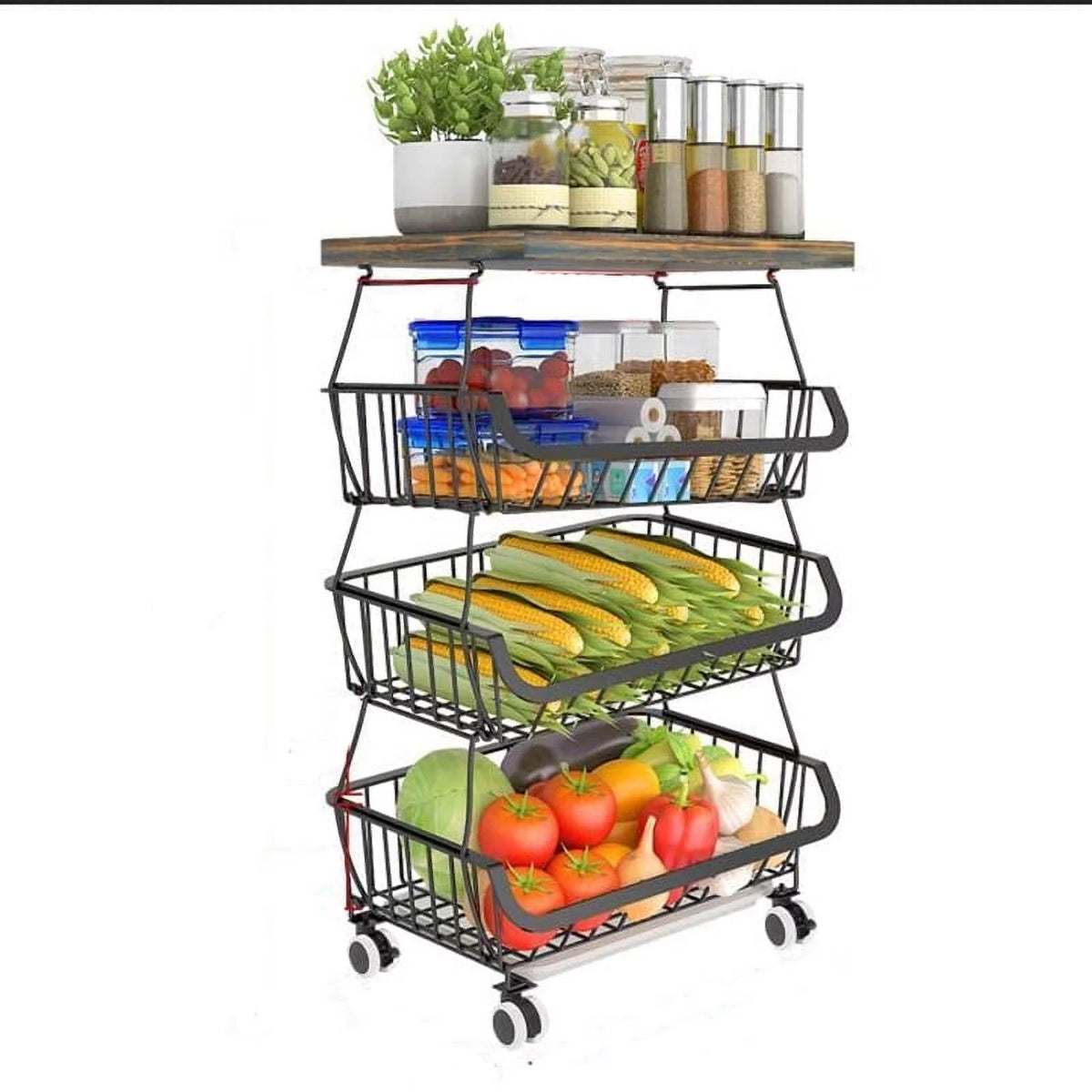 Black Metal Wire 4 Tier Fruit Vegetable Storage Basket with Wheels L791743