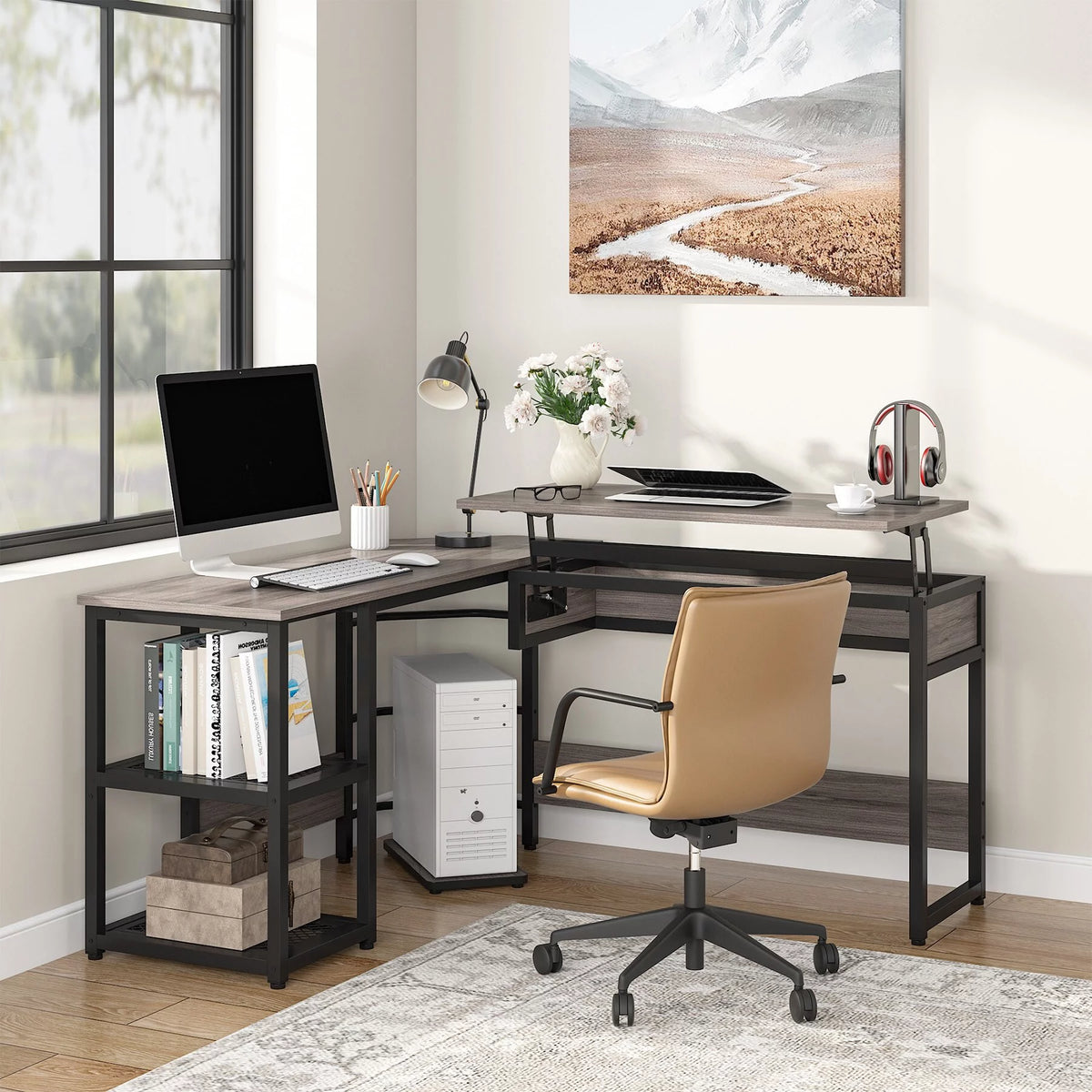 L-Shaped Height Adjustable Computer Desk with Shelves K282888